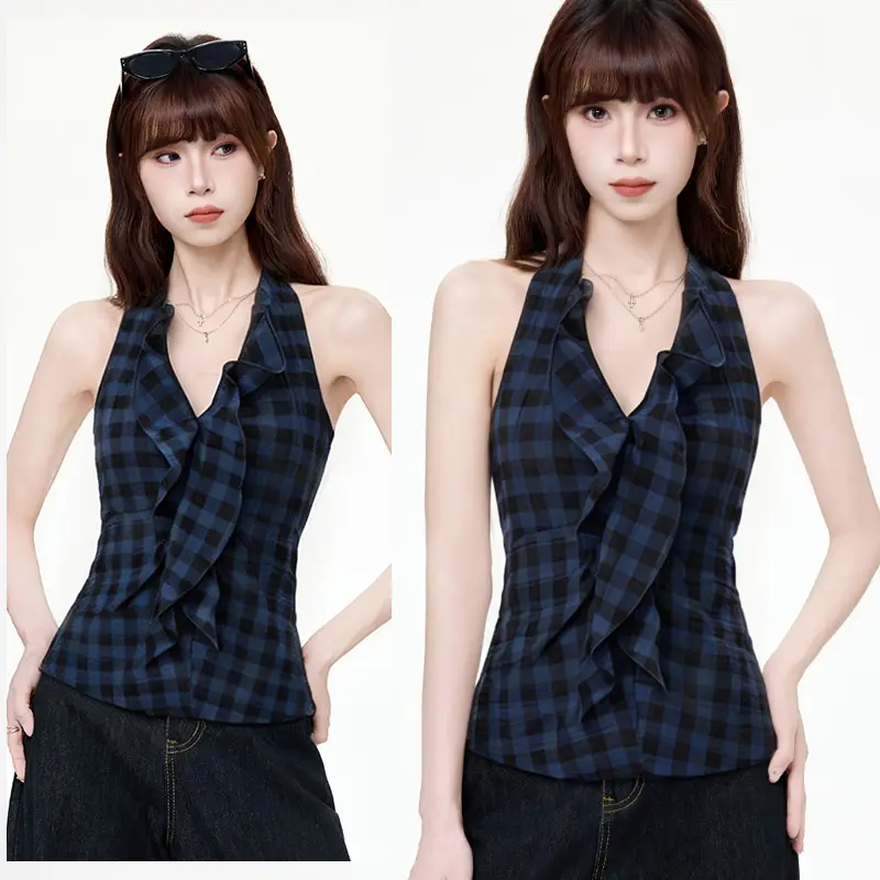 Perrin Halter Neck Checkered Women Top